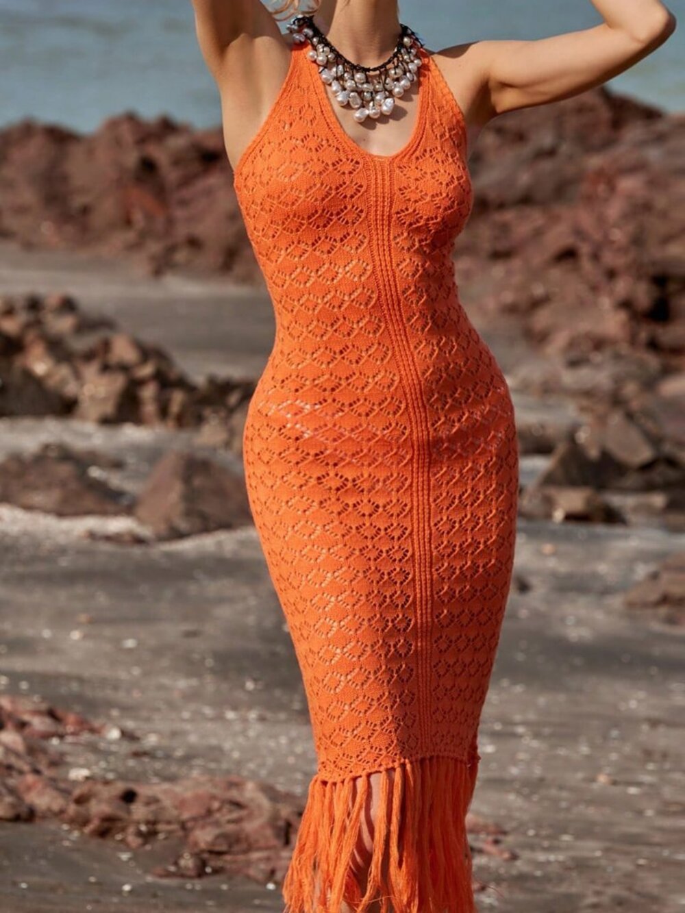 Orange Casual Women's Spaghetti Strap  Backless crochet Fishtail Dress - Picture 3 of 6